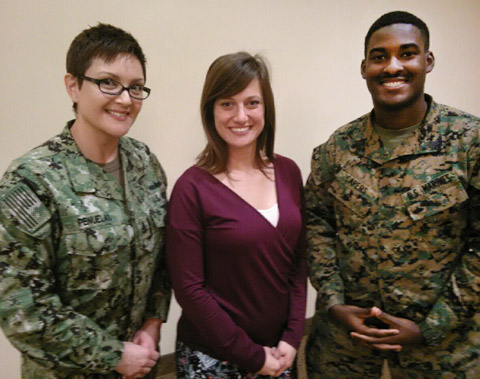 Navy Senior Chief Laura Penuelas of 3rd Fleet, Twentynine Palms deputy PAO Lauren Kurkimilis and I MEF’s Sgt. Paris Caper took advantage of the opportunity to “talk shop” at the MEF-hosted public affairs summit.